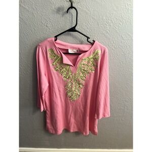 Quaker Factory Tunic Top 3/4 Sleeves Womens Pink Green Size Medium